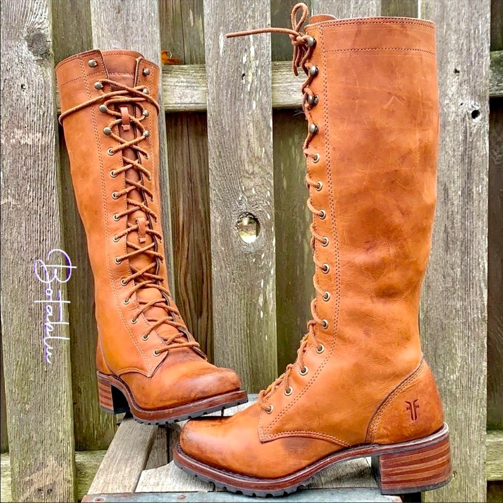 FRYE Rare Campus Lace-Up Zip Tall Knee High Lug Sole Brown Leather Boots, Size 7 - Picture 2 of 3